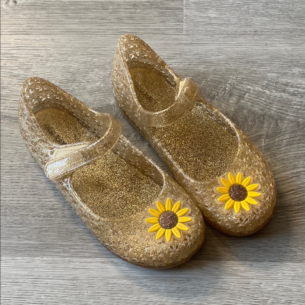 Kids Gold Glitter Shoes with Sunflower Design